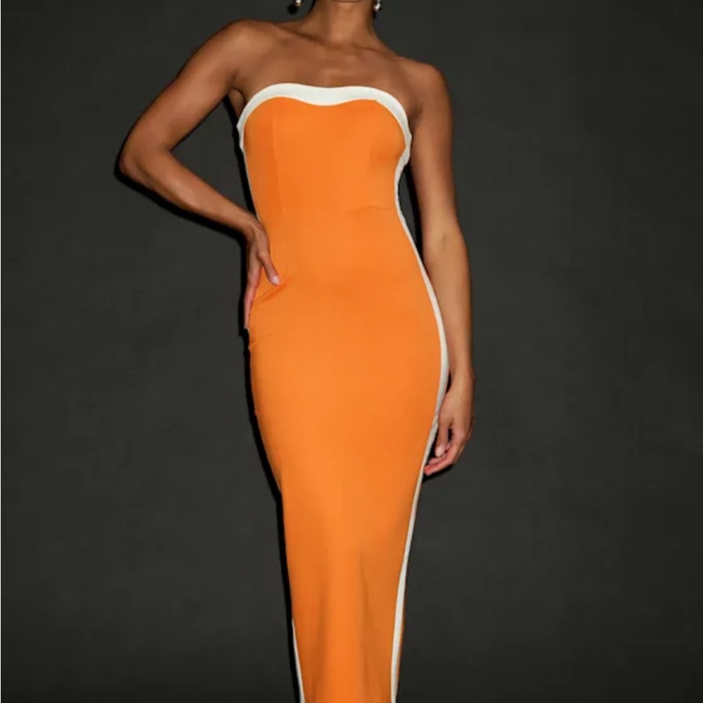 Lulu's Vibrant Orange Strapless Midi Dress